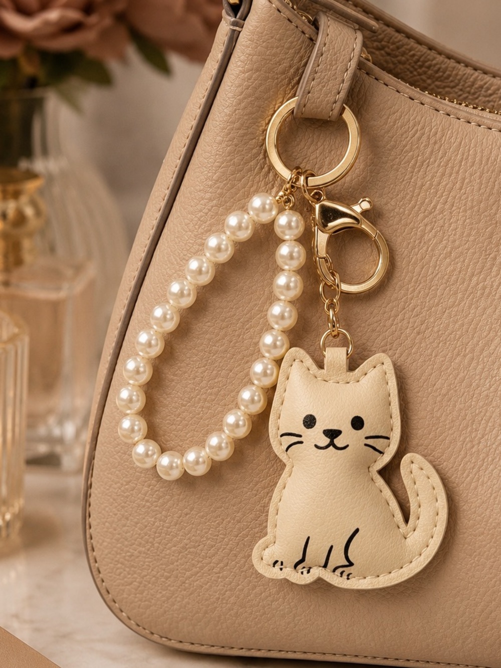 Cream Cat Bag Charm Keychain with Pearl Wristlet